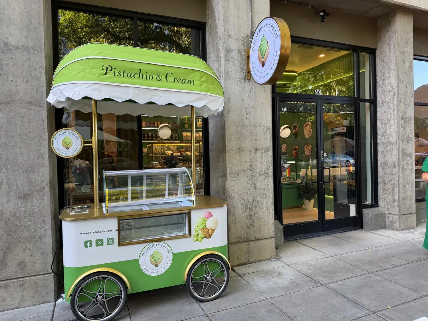 The Pistachio & Cream storefront and gelato cart on L Street